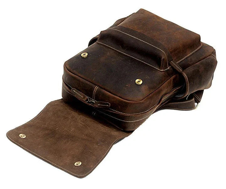 Premium Crazy Horse Leather Backpack with Retro Korean-inspired Design, Featuring Durable Canvas Lining and Ample Storage for 15-inch Laptops