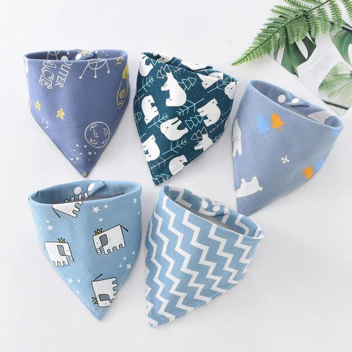 A set of fashionable cotton baby bandana bibs in various prints and colours, designed to keep your little one dry and stylish.