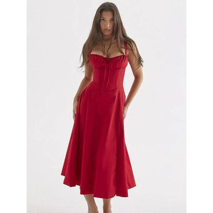 Elegant backless midi sundress in blue, featuring a stylish high split and mid-calf length for a sophisticated summer look.