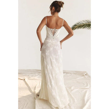 Elegant beige midi corset dress with floral jacquard pattern and lace-up back, perfect for summer parties and special occasions