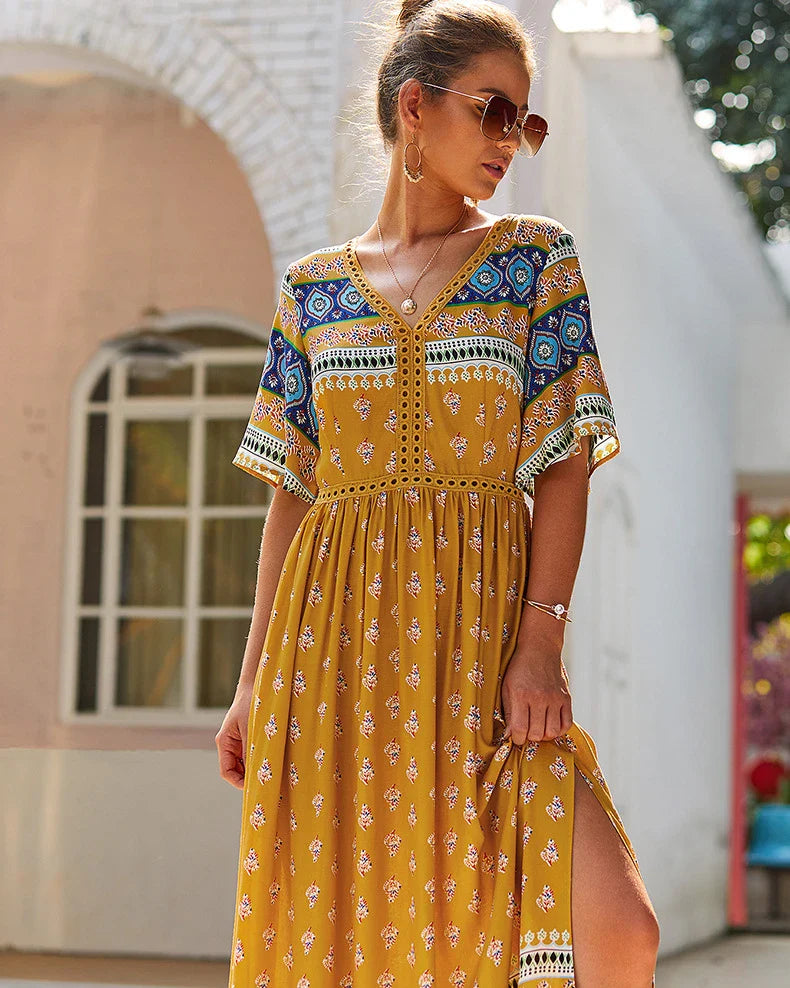 Elegant Bohemian-inspired autumn dress in vibrant yellow, made from premium cotton for a soft and comfortable feel.