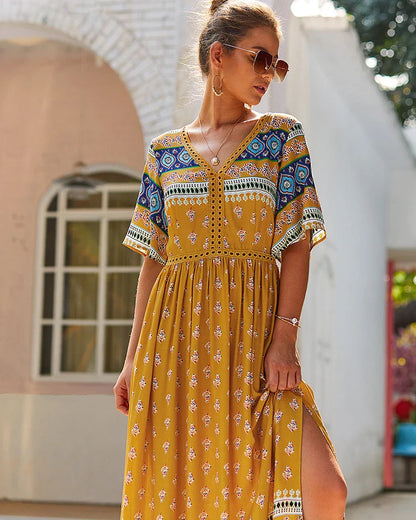 Elegant Bohemian-inspired autumn dress in vibrant yellow, made from premium cotton for a soft and comfortable feel.