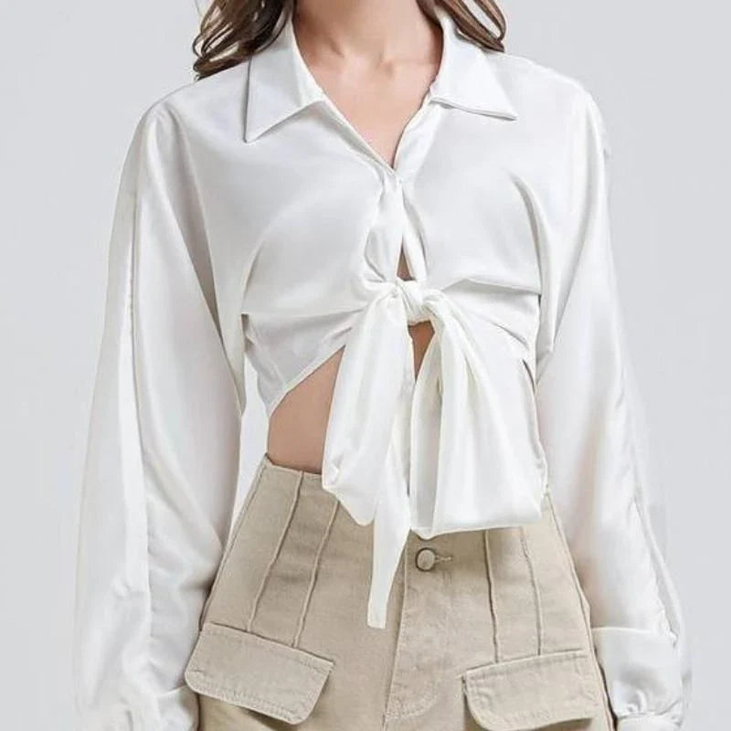 Elegant Vintage V-Neck Long Sleeve Crop Blouse in White - A stylish and comfortable wardrobe essential for the fashion-forward British woman.