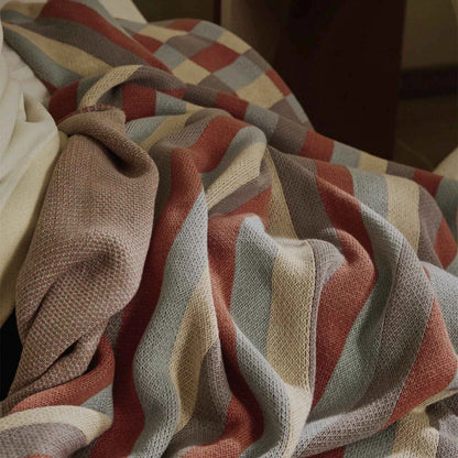 Cosy 100% cotton striped plaid throw blanket in vibrant orange and blue hues, perfect for adding rustic charm to any living space.