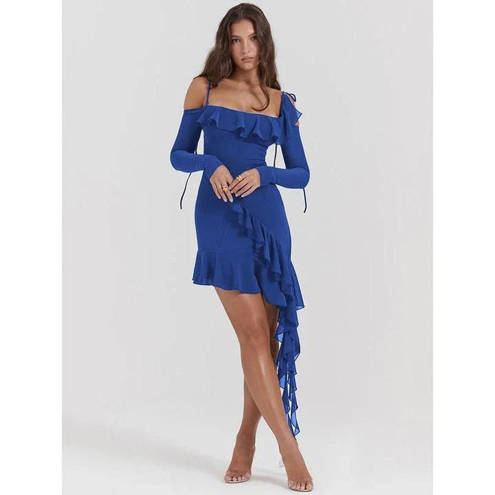 Elegant spaghetti strap backless ruffle mini dress in blue colour for women