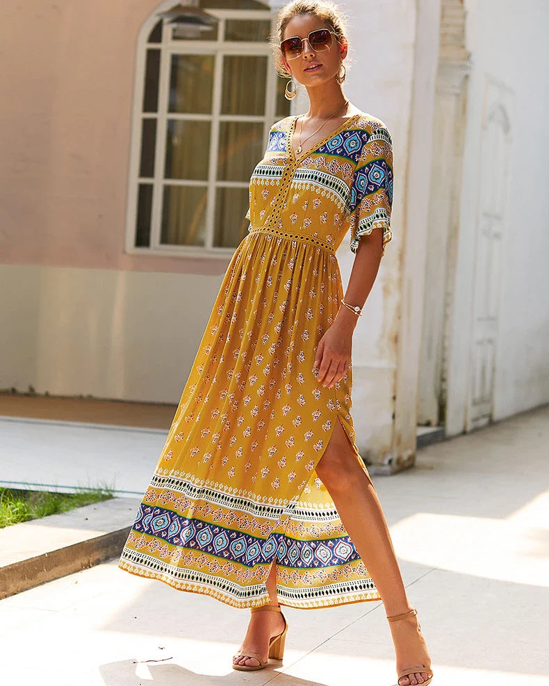 Elegant Bohemian-inspired autumn dress in vibrant yellow, made from premium cotton for a soft and comfortable feel.