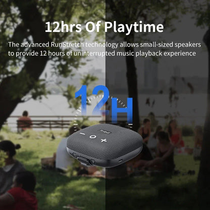Portable Bluetooth speaker with powerful bass, IP67 waterproof rating, built-in power bank, and 12-hour battery life