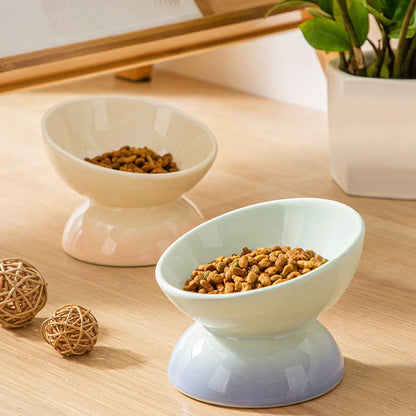 Gradient Ceramic Cat Bowl with raised and tilted design for comfortable pet dining
