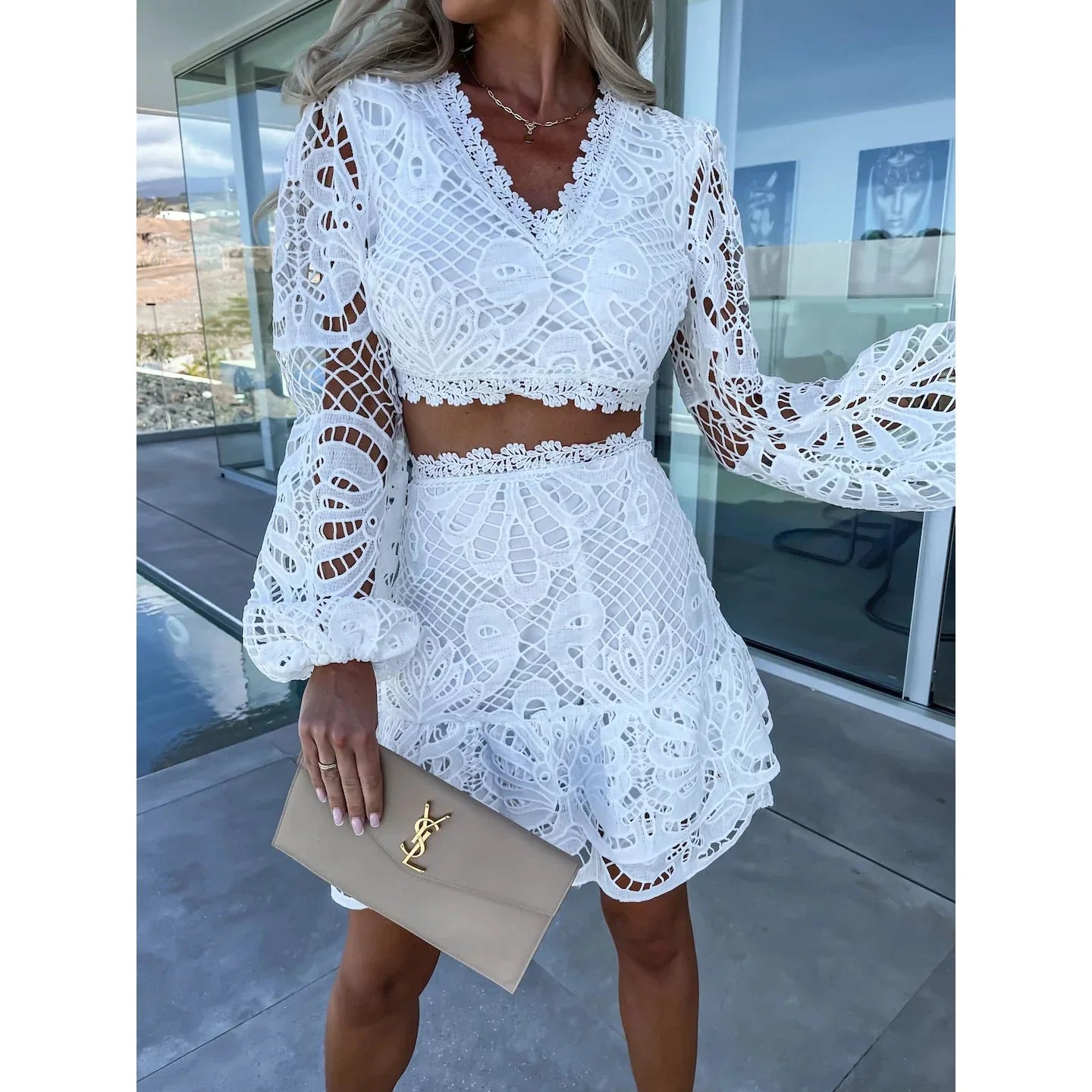 Elegant long sleeve lace suit with lantern sleeves, available in white and black colours