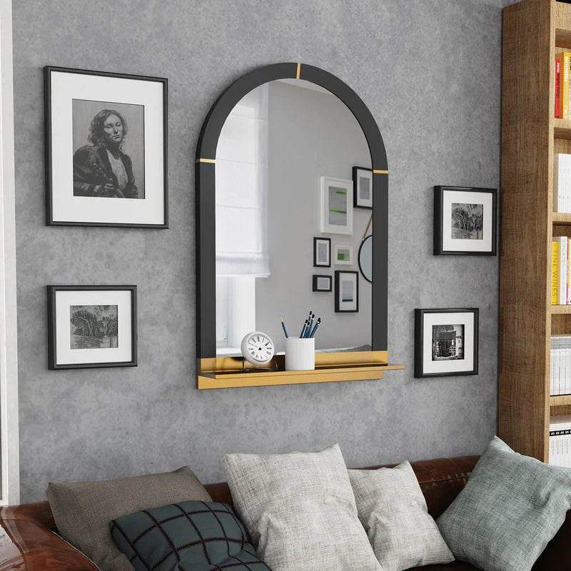 Homeenjoy UK Elegant Arched Black & Gold Wall Mirror with Decorative Shelf