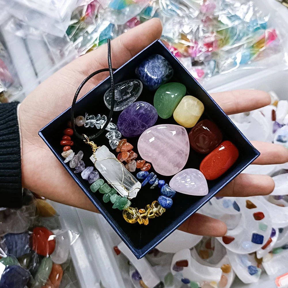 Elegant Crystal Jade Chakra Combination Set with Love Hexagon Pillar, a natural crystal ornament for meditation and spiritual practices