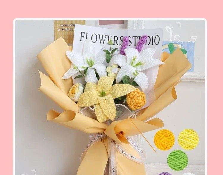 Handcrafted bridal bouquet in a delicate pink hue, featuring intricate crochet and hand-woven design