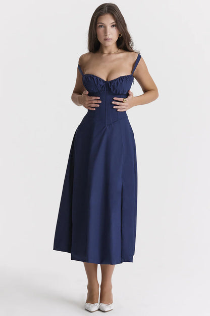 A stylish suspender dress made of premium polyester with a French high-split design, available in a range of vibrant solid colours for versatile summer wear.