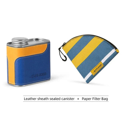 Airtight metal coffee and tea canister with portable filter paper storage, perfect for camping and home use
