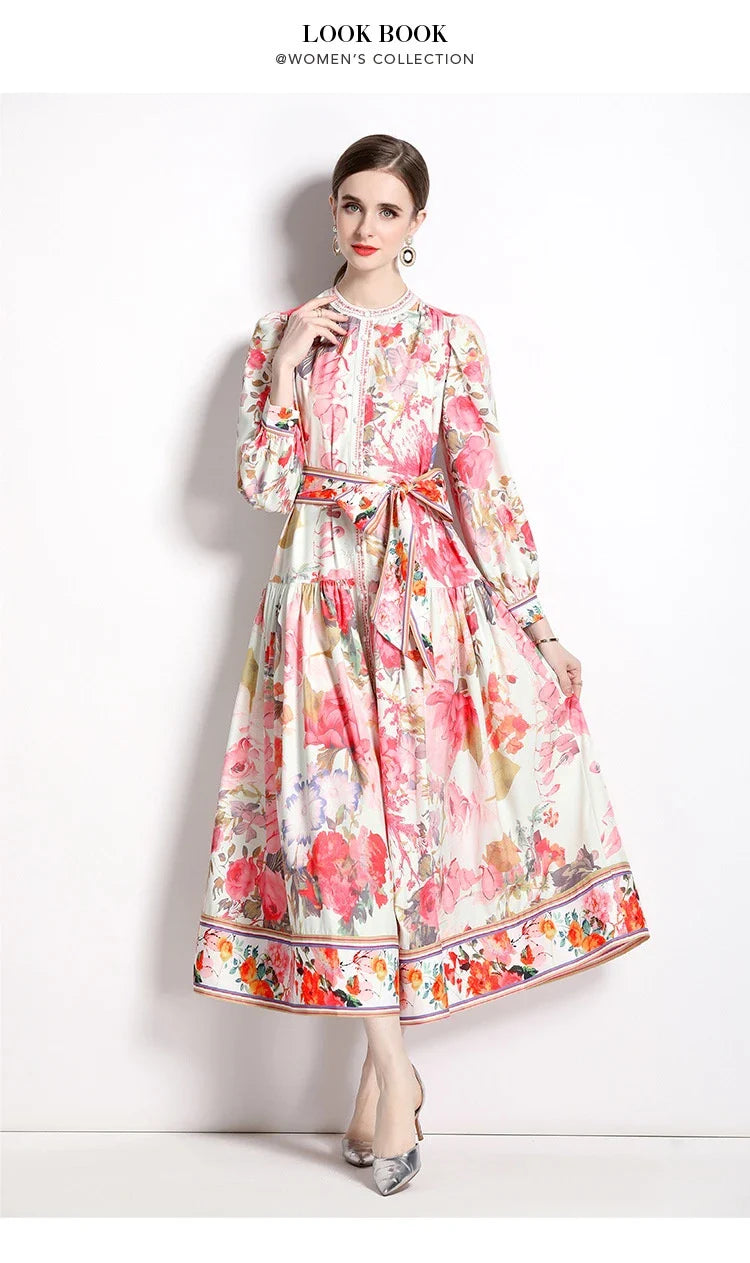 Elegant floral single-breasted swing dress with delicate print, tailored design, and flowing silhouette