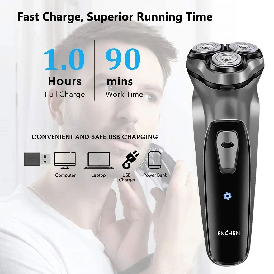 Advanced cordless electric face shaver with 3D floating heads and ultra-thin double ring cutter for a smooth, comfortable shave
