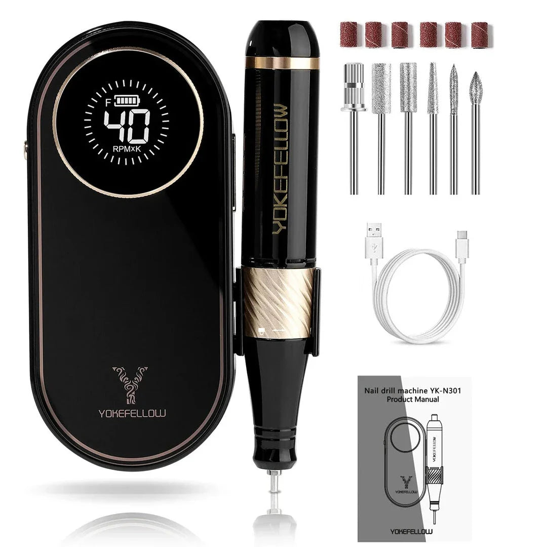 Cordless electric nail drill with 40,000 RPM motor, rechargeable battery, and HD display for professional-quality nail care
