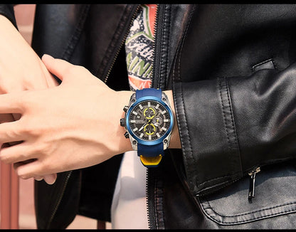 Trendha Multipurpose Sports Silicone Watch with Black Steel Case, Blue Ribbon, Durable Silicone Strap, and Precise Quartz Movement