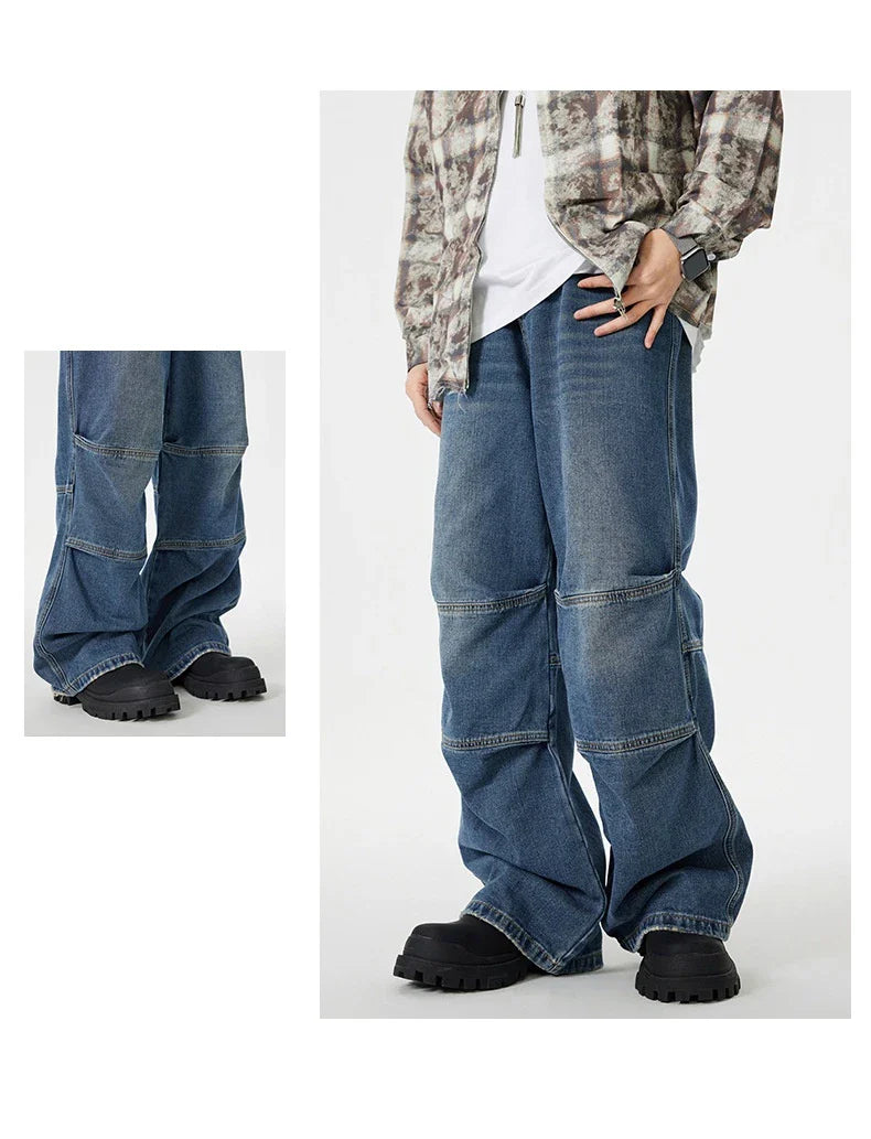 Men's overalls in retro blue denim with zipper fly and comfortable mid-waist design