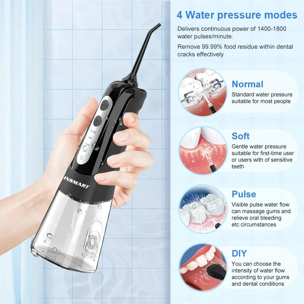 Cordless Waterproof Dental Water Flosser with 300ml Detachable Tank, 1800 Water Pulses per Minute, and 4 Customisable Cleaning Modes