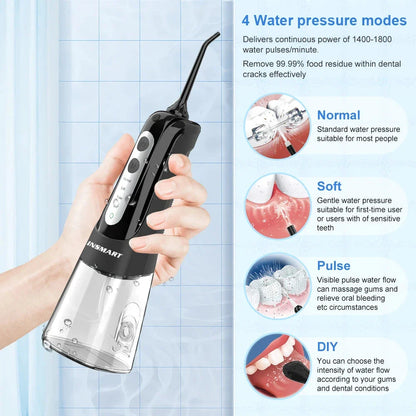 Cordless Waterproof Dental Water Flosser with 300ml Detachable Tank, 1800 Water Pulses per Minute, and 4 Customisable Cleaning Modes
