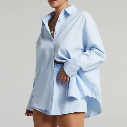 Chic high-waist cotton linen shirt and shorts set in pink, featuring a turn-down collar, long sleeves, and a relaxed, flattering fit for the modern British woman.