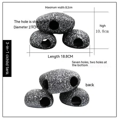 Decorative grey resin fish tank stone with natural cobblestone texture for breeding and shrimp shelter in aquarium