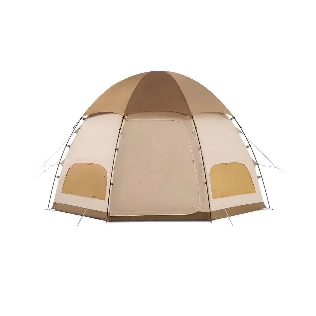 Spacious octagonal camping tent with multiple windows and a distinctive mushroom-shaped design