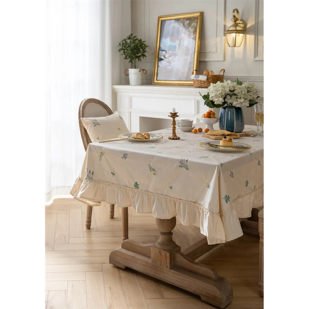 Elegant British Cotton Tablecloth with Intricate Apricot Embroidery and Lotus Leaf Edge