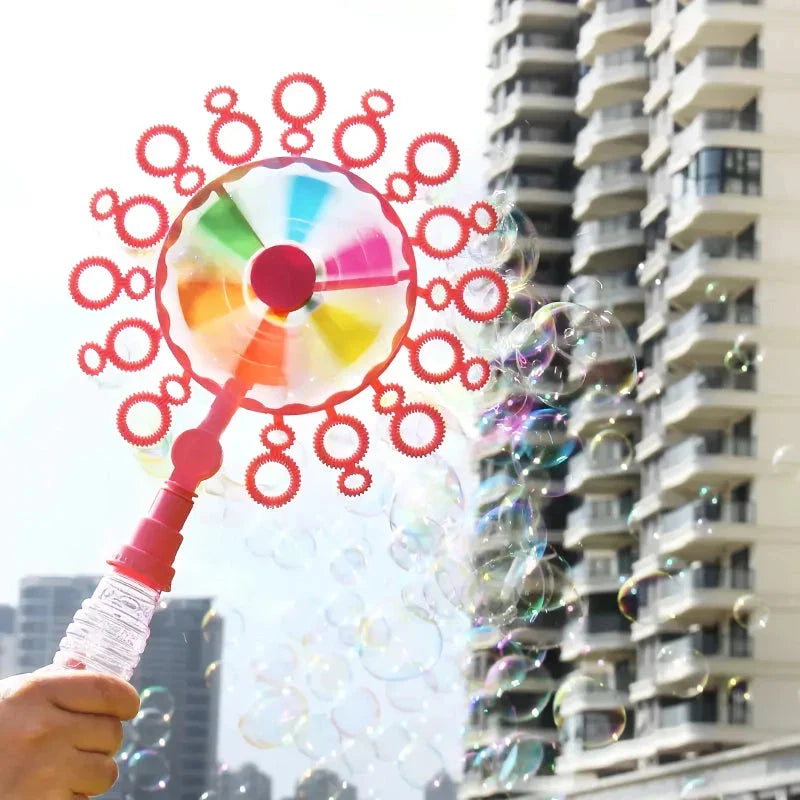 Colourful and durable bubble-blowing windmill wand for enchanting outdoor fun