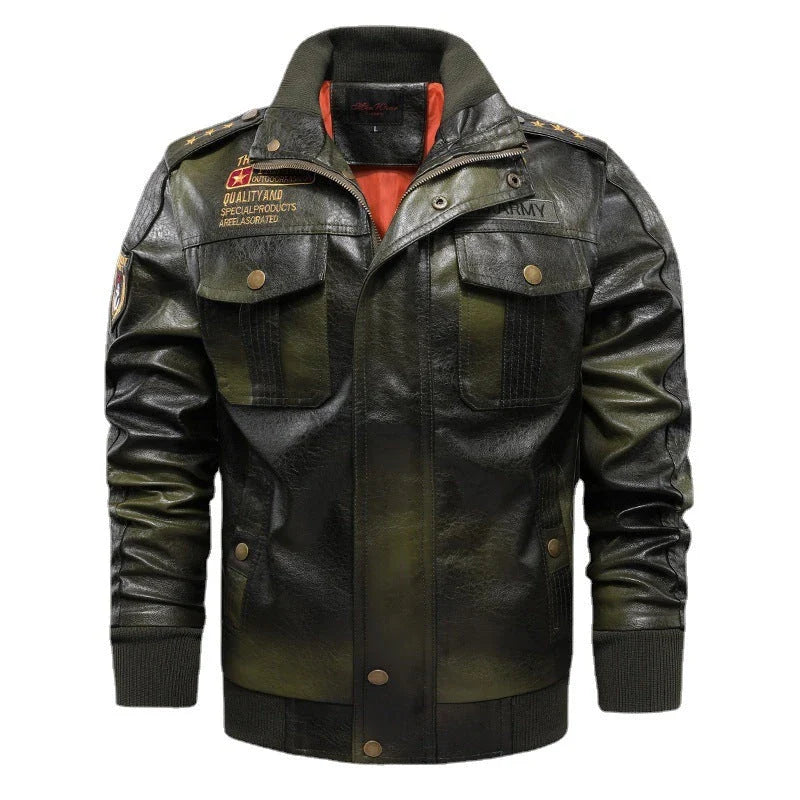 A stylish men's leather jacket with a stand collar, slim fit, and short length, offering premium quality and versatile wear.
