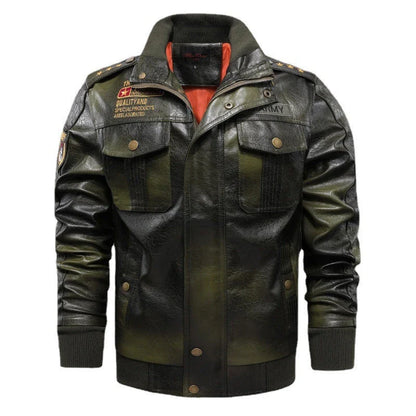 A stylish men's leather jacket with a stand collar, slim fit, and short length, offering premium quality and versatile wear.