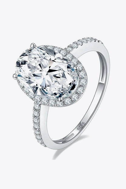 Elegant moissanite halo ring in polished sterling silver with a captivating 4.5-carat centre stone