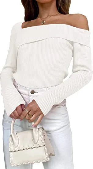 Elegant off-shoulder knitted sweater in various autumn colours, perfect for the British season