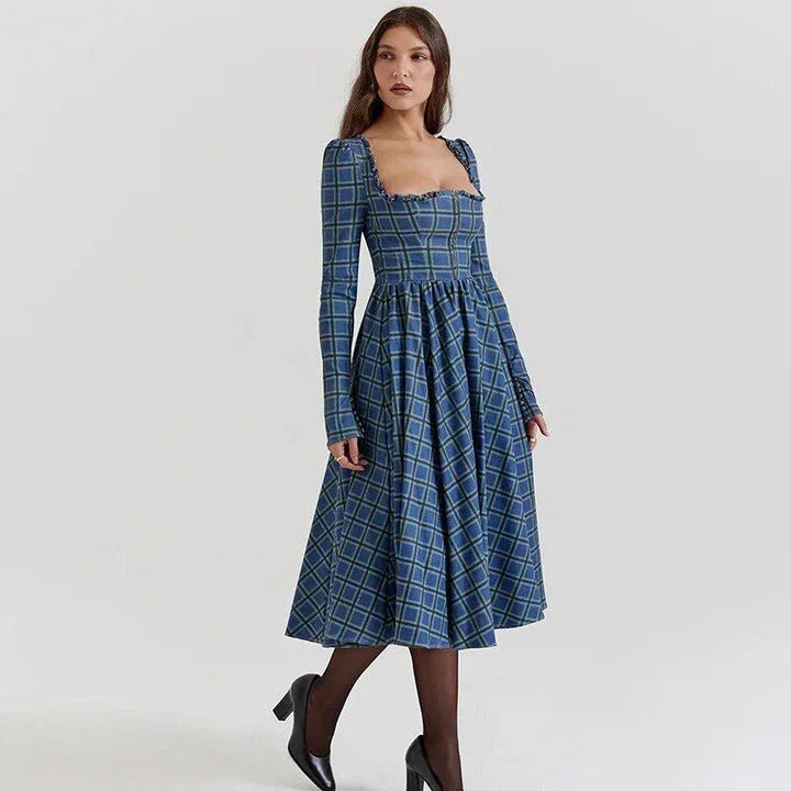 Elegant plaid A-line midi dress with square collar, backless design, and empire waistline