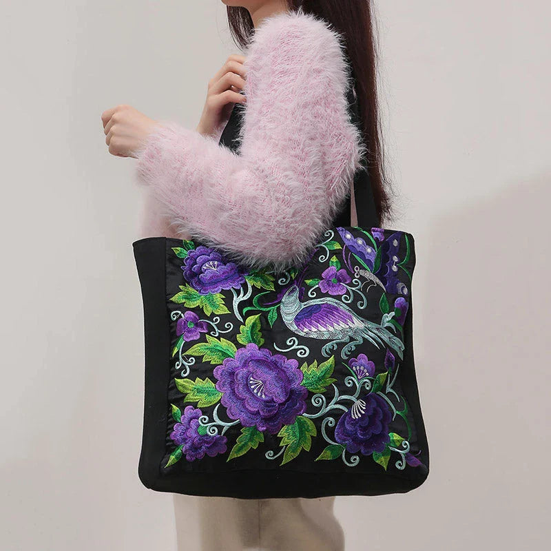 Elegant British Phoenix Embroidered Canvas Shoulder Bag for Women - Timeless Elegance and Cultural Heritage