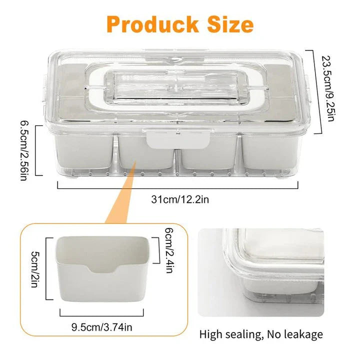 Premium divided snack tray with clear lid, removable compartments, and handle for easy transport and organisation