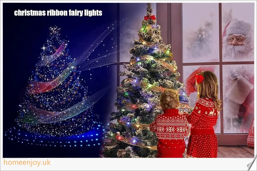 Festive Christmas ribbon fairy lights with 100 warm LED lights, available in gold and silver colours