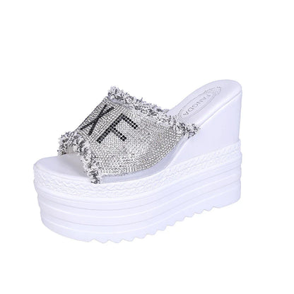 Rhinestone-embellished platform sandals with super high wedge heel and sponge cake sole