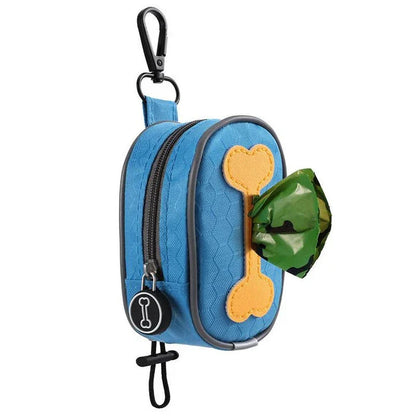A heavy-duty, weatherproof dog poop bag dispenser made of Oxford fabric with a lavender-scented, leak-proof bag system.