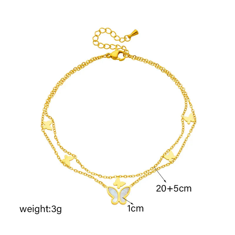 Chic stainless steel double-layer butterfly anklet with adjustable chain and metallic finish