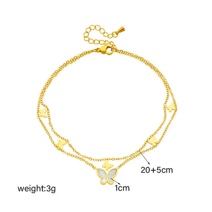 Chic stainless steel double-layer butterfly anklet with adjustable chain and metallic finish