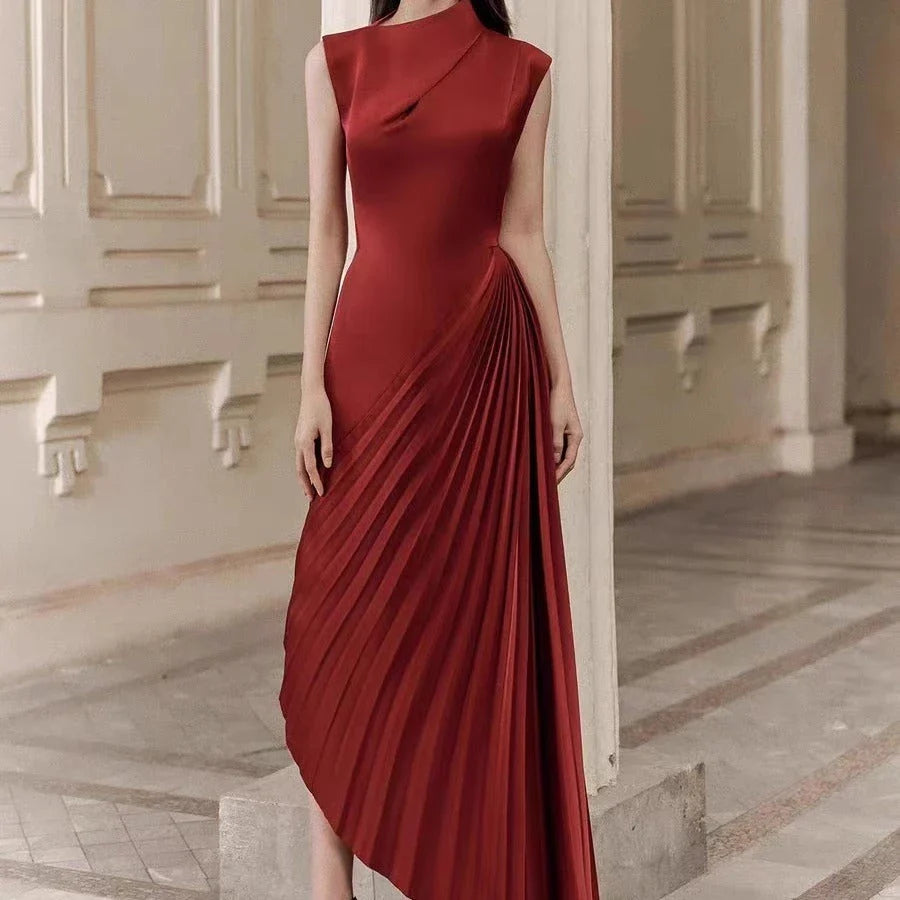 Elegant asymmetric dress in wine red and milky white with a half turtleneck design, perfect for autumn and winter wear.