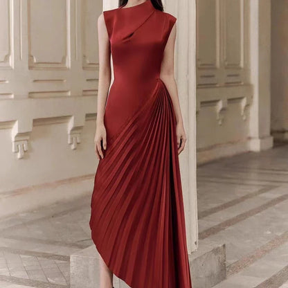 Elegant asymmetric dress in wine red and milky white with a half turtleneck design, perfect for autumn and winter wear.