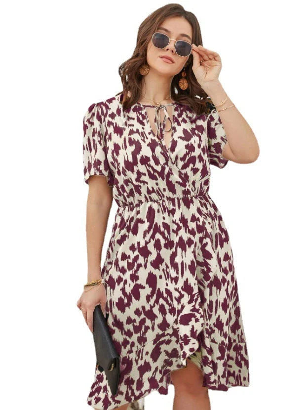 Elegant V-Neck Short Sleeve Printed Dress in Rose Red, Brown, and Black colours