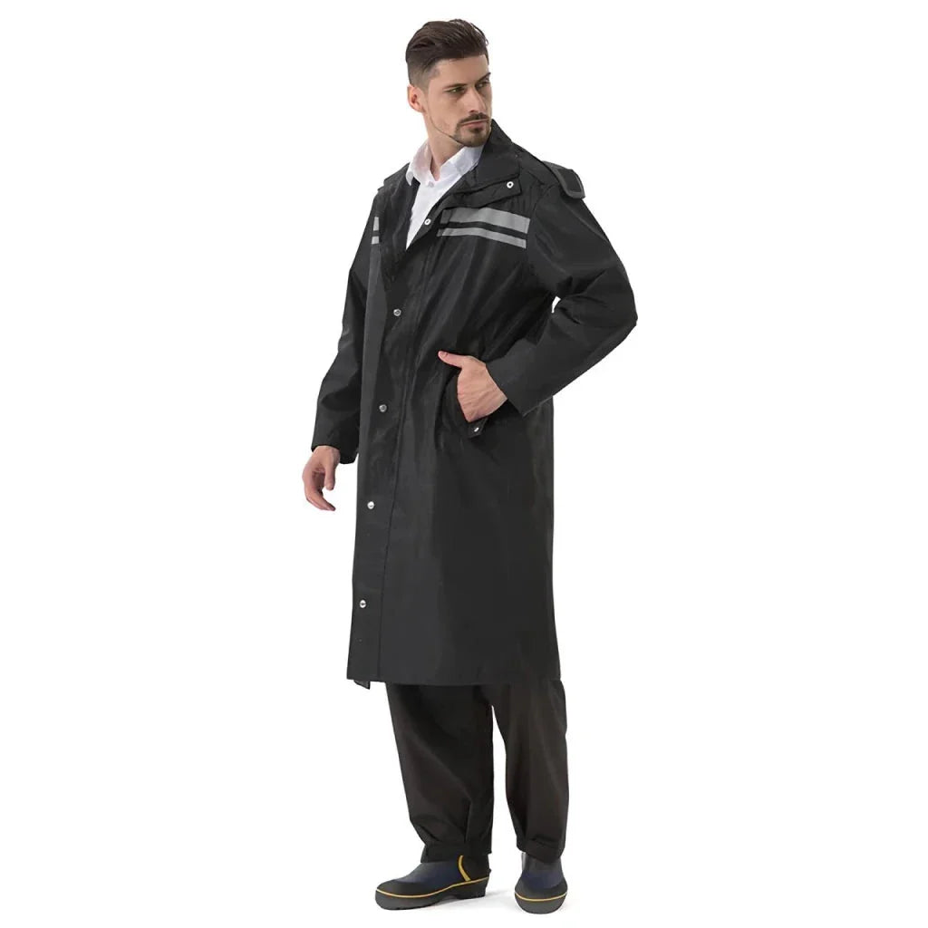 A high-quality men's long waterproof raincoat made from premium Oxford cloth for reliable protection and style during outdoor activities