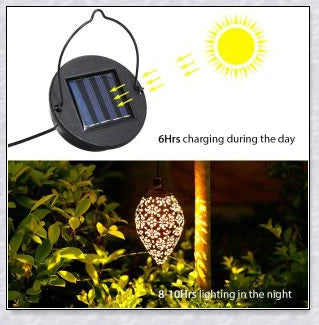 Decorative outdoor solar lanterns hanging in a lush garden, providing warm, ambient lighting