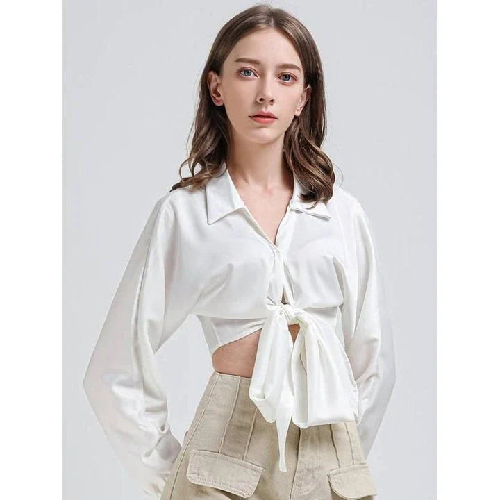 Elegant Vintage V-Neck Long Sleeve Crop Blouse in White - A stylish and comfortable wardrobe essential for the fashion-forward British woman.