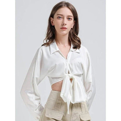 Elegant Vintage V-Neck Long Sleeve Crop Blouse in White - A stylish and comfortable wardrobe essential for the fashion-forward British woman.