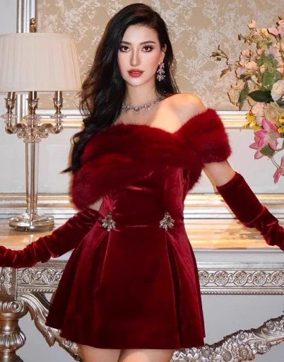 Elegant off-the-shoulder red mini dress with plush short skirt, luxurious polyester fabric, and versatile formal-to-casual design